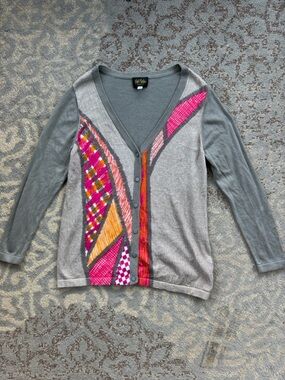 Bob Mackie Wearable Art Geometric Print Cardigan Sweater Gray Multicolor Medium